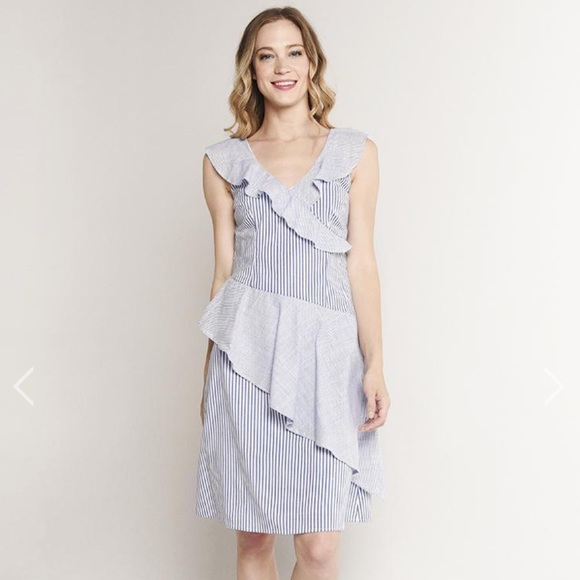COLLECTIVE CONCEPTS Sleeveless Blue and White Striped Dress with Ruffles - Picture 1 of 15